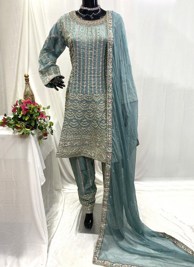 Shimmer Silk Sky Blue Wedding Wear Embroidery Work Readymade Salwar Suit